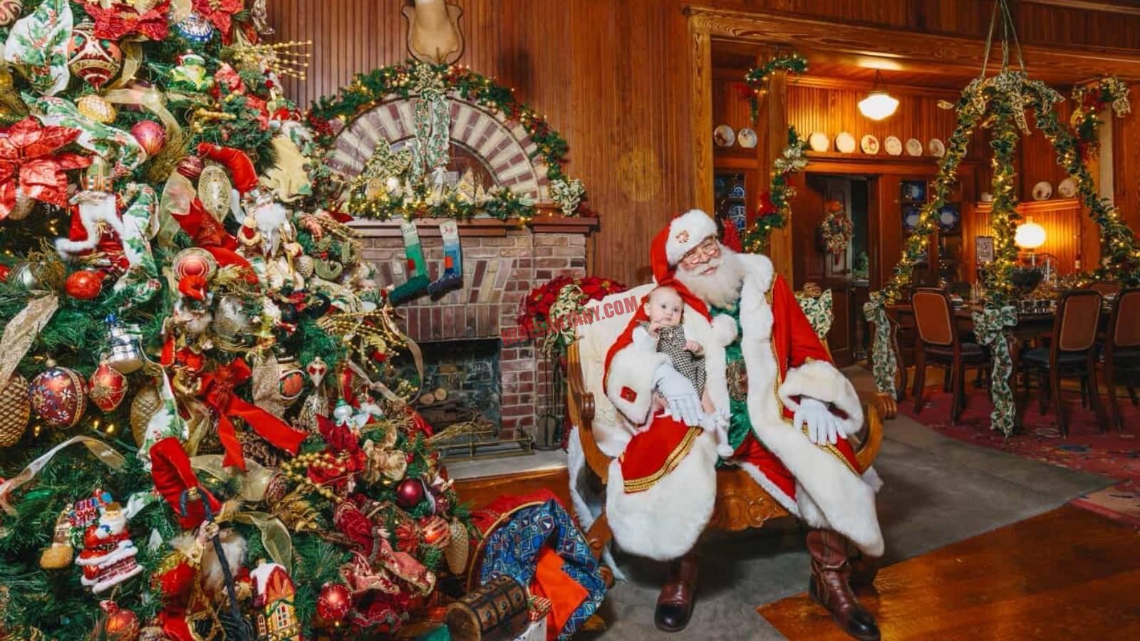 Service areas for Hire Santa NY: Santa by a fireplace and tree, covering the five boroughs