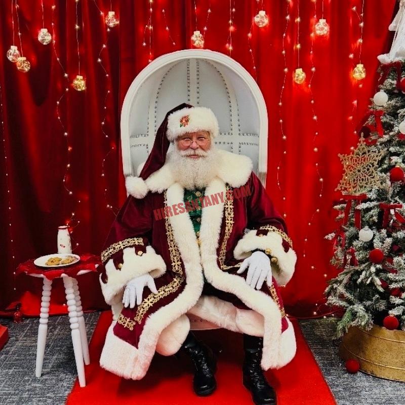 Hire Santa in Brooklyn, NY: real bearded Santa in a white chair with cookies and milk