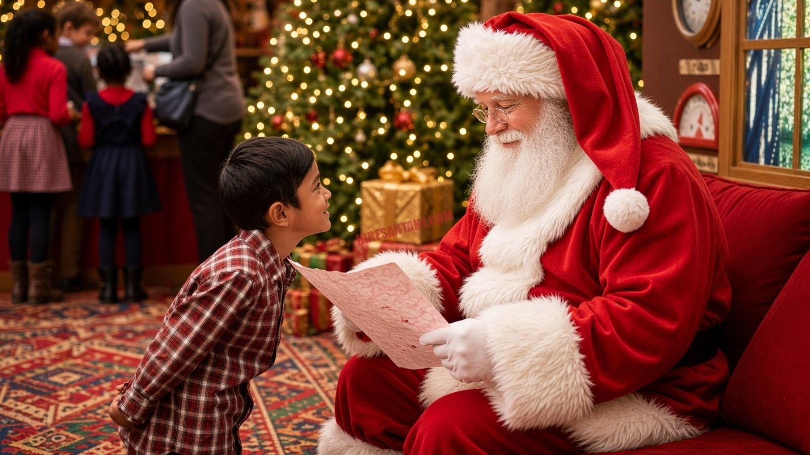 Santa services in New York City: Santa reading a letter with a child beside a lit tree